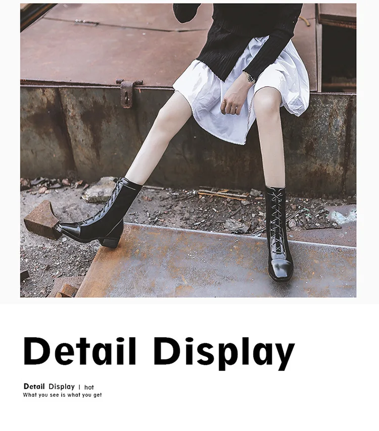 British Motorcycle mid-calf botines block heels women cross-tied plush martin riding boots back zipper brand short bottes femme