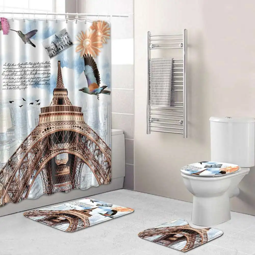 

Non-slip Shower Curtain Carpet Toilet Seat Cushion Set Paris Towers Printing Bathroom Mat Set Waterproof 12 Hook 4/3/1 Piece