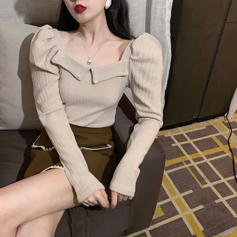 WHITNEY WANG футболка Весенняя мода уличная винтажный буф рукав квадратный воротник тонкая футболка женская футболка Топ женские тройники