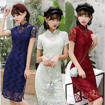 

Vintage Lace Oversize 3XL Novelty Short Chinese Formal Dress Chinese Style Women Mandarin Collar Qipao Elegant Lady Cheongsam