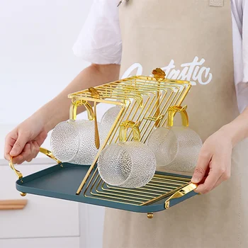 

Iron Cup Holder Tray Golden Coffee Set Kettle Rack Hanging Glass Shelf 6 Hooks Water Ware Stand Home Kitchen Storage Supplies