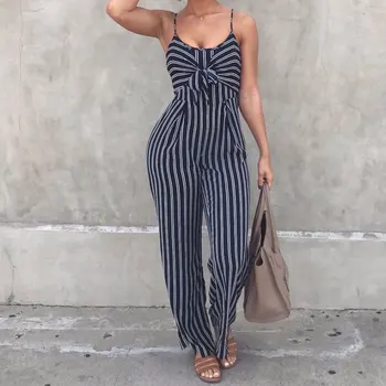 

Elegant Striped Sexy Spaghetti Strap Rompers Women Sets Sleeveless Backless Bow Casual Wide Legs Jumpsuits Leotard Overal