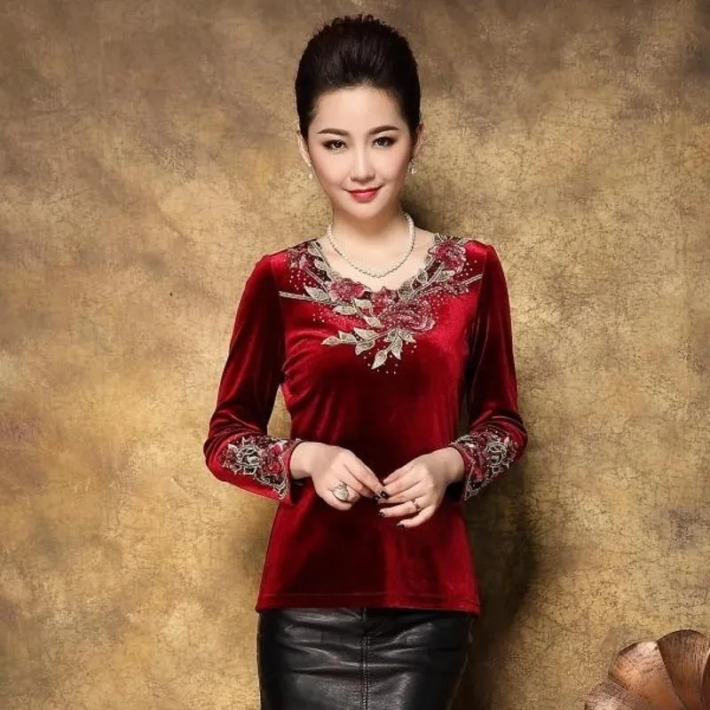 Blusas bordadas de terciopelo dorado para mujer, Tops cálidos para de informal para primavera y otoño, 7XL|Camisetas| - AliExpress