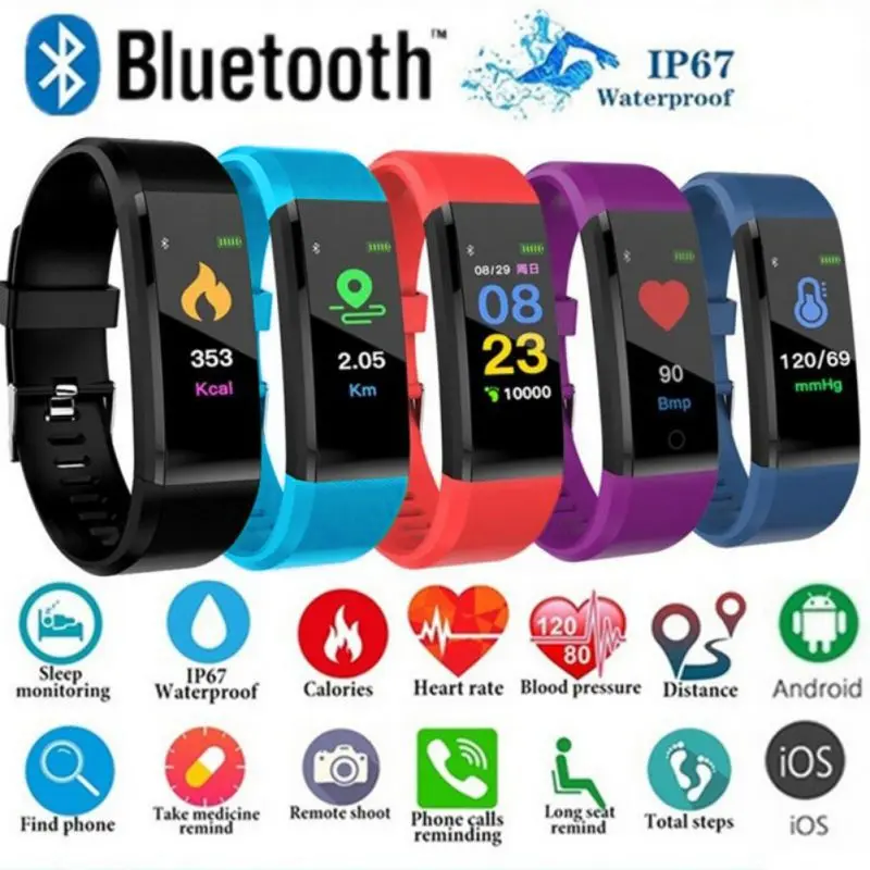 

Waterproof Smart Bracelet Watch 115 Plus Blood Pressure Monitoring Heart Rate Monitoring Smart Wristband Fitness Band