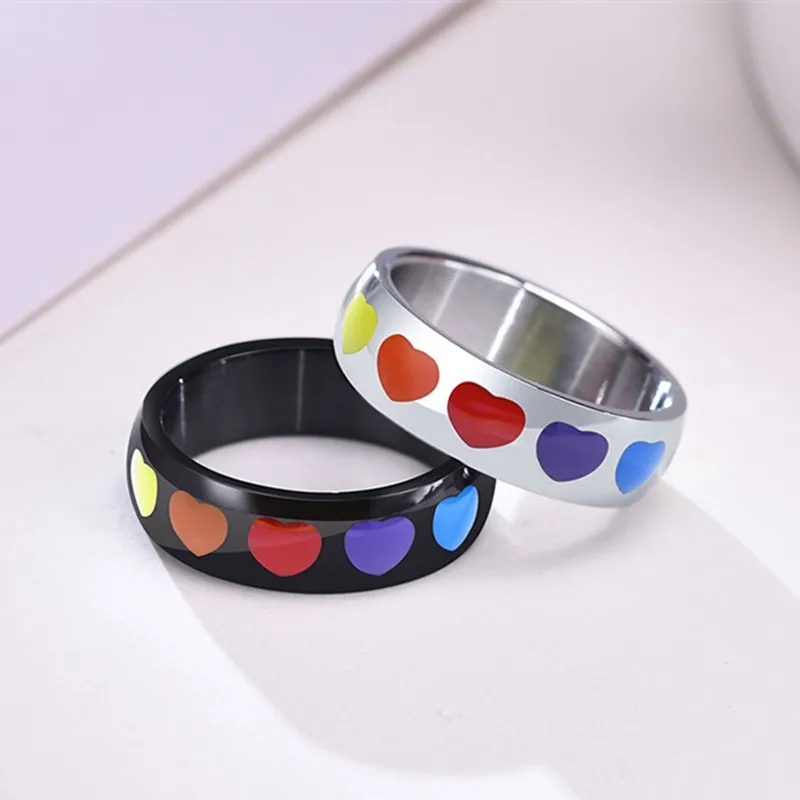 Anillo de boda de Corazón Arco Iris esmaltado de acero inoxidable - Main Image