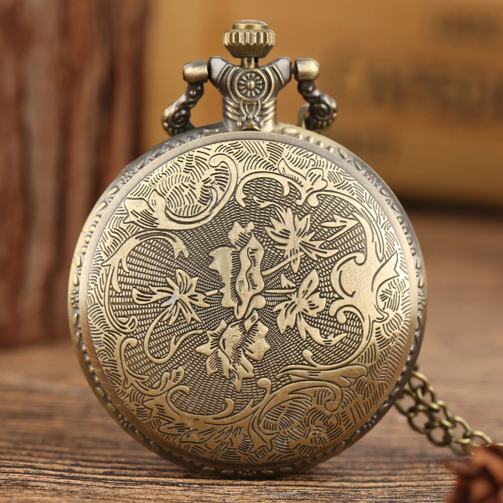 Chinese Zodiac Sheep Bronze Pocket Watch Half Hunter Antique Pendant Watch Necklace Fob Chain Retro Clock Unisex Gifts