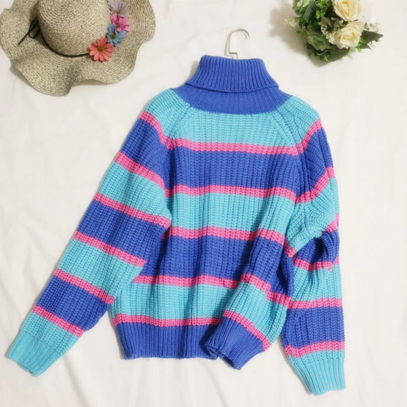 Женские свитера Ulzzang Lazy Wind с вышитыми буквами; цвет в полоску; свитер с высоким воротником; Harajuku; одежда для женщин