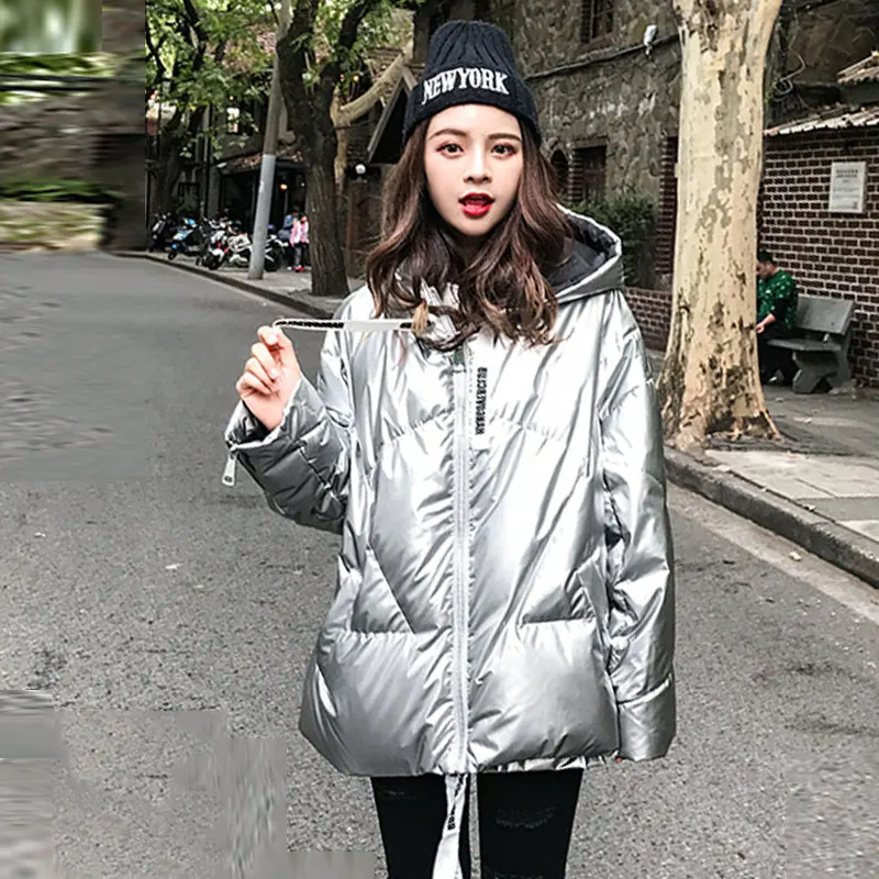 

2019 Winter Fashion Jackets Women Newest All-match Bright Silver Jackets With Hat Harajuku Short Length Oversize Parka Coats 525
