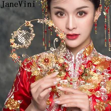 JaneVini Золотой старинный хрустальный свадебный букет роскошные свадебные цветы Традиционный круглый полый китайский свадебный веер держатель букетов