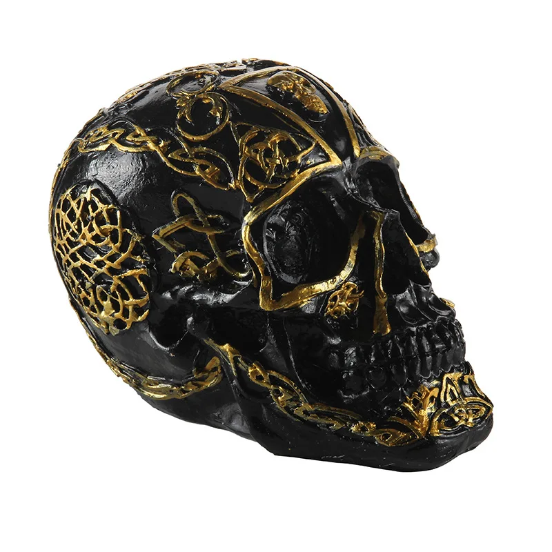 

Figurines Resin Small Black Gold Head Skull Halloween Gift Personality Home Decoration Furniture Ornaments Craft Design 11x15cm