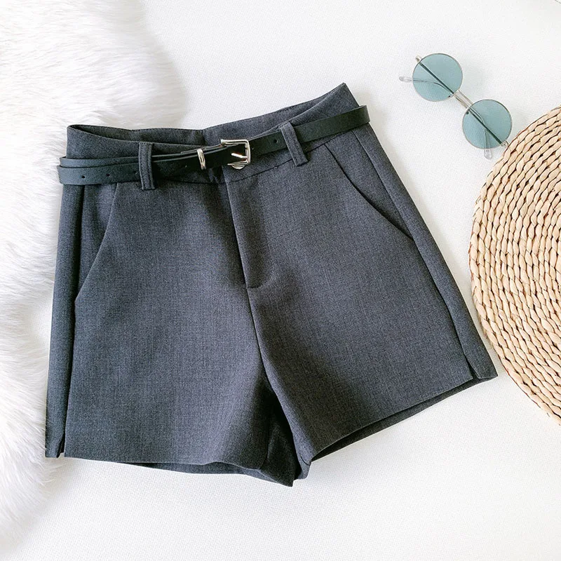 Wasteheart Autumn Black Gray Khaki Polyester Shorts Women High Waist Shorts Camel Short Bottom Zipper Sashes England Style OL