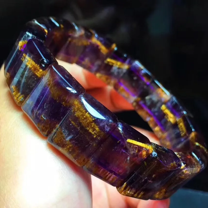 

Top Natural Cacoxenite Rutilated Bracelet For Woman Man Gold Purple 16x12mm Rectangle Beads Stone Stretch Bangle Jewelry AAAAAA