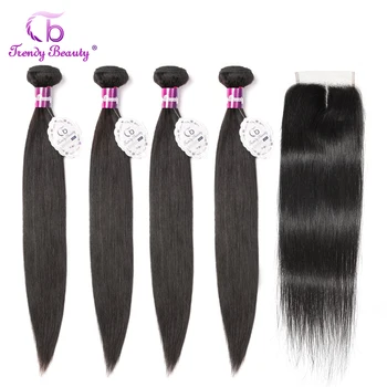 

Brazilian straight hair 4 bundles with closure Middle/Three/Free 4X4 inches Lace with baby hai Non-remy 100% human hair bundles