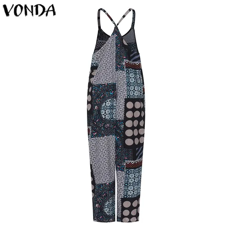 VONDA винтажные костюмы, женские комбинезоны, повседневные Комбинезоны без рукавов с принтом, богемные широкие брюки с круглым вырезом, большие размеры, Pantalon 5XL