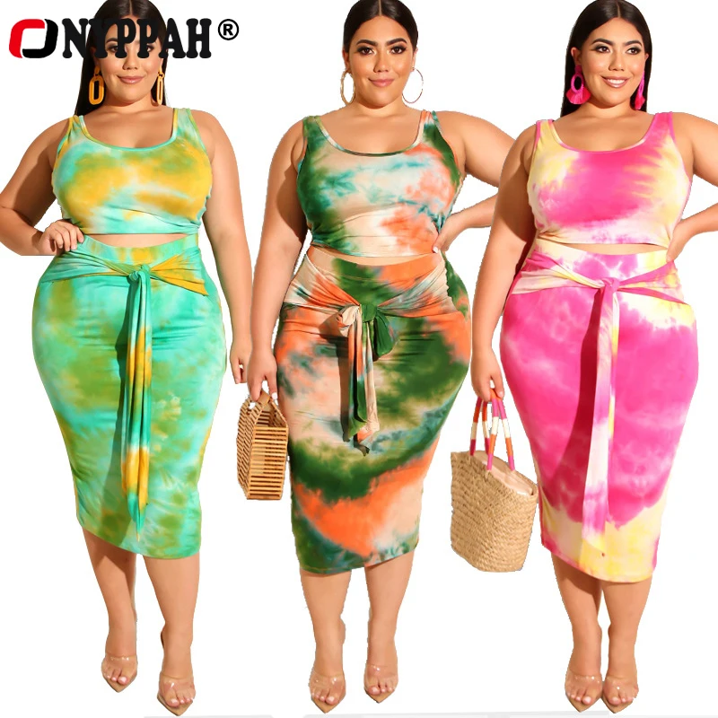 

ONYPPAH 2019 New Plus Size Beach Dress 2Pcs/Set Tie Dye Print Sexy Night Club Sashes Sleeveless Women Summer Dress Party Bodycon