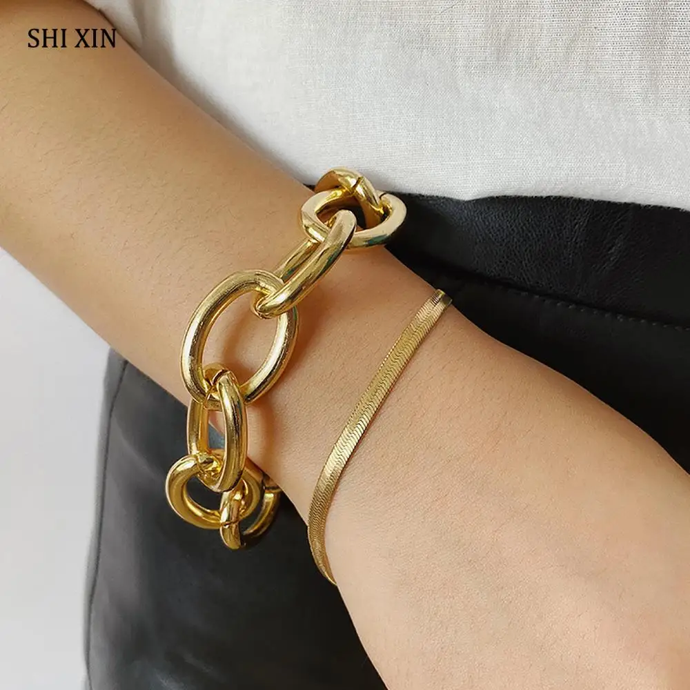 SHIXIN раздельный многослойный толстый кубинский браслет-цепочка для женщин хип-хоп модные золотые Амулеты Браслет с подвесками ювелирные изделия ручная цепочка