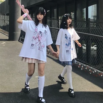 

NYOOLO Harajuku style Two dimensions Anime Frame Arms Girl letters print short sleeve T-shirt women Summer O-neck tee shirt tops