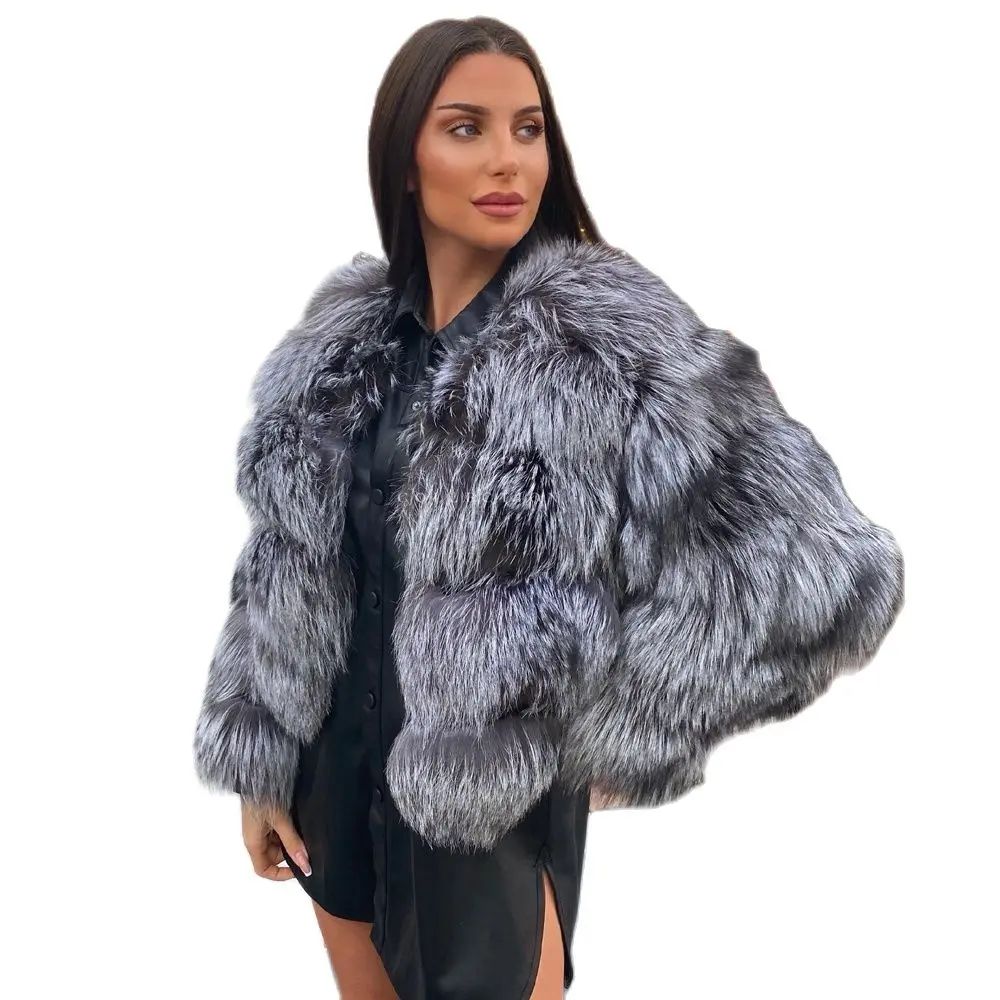 2022 Fashion Short Real Silver Fox Fur Jacket Round Collar Woman Winter New Genuine Whole Skin Silver Fox Fur Coat Luxury Woman