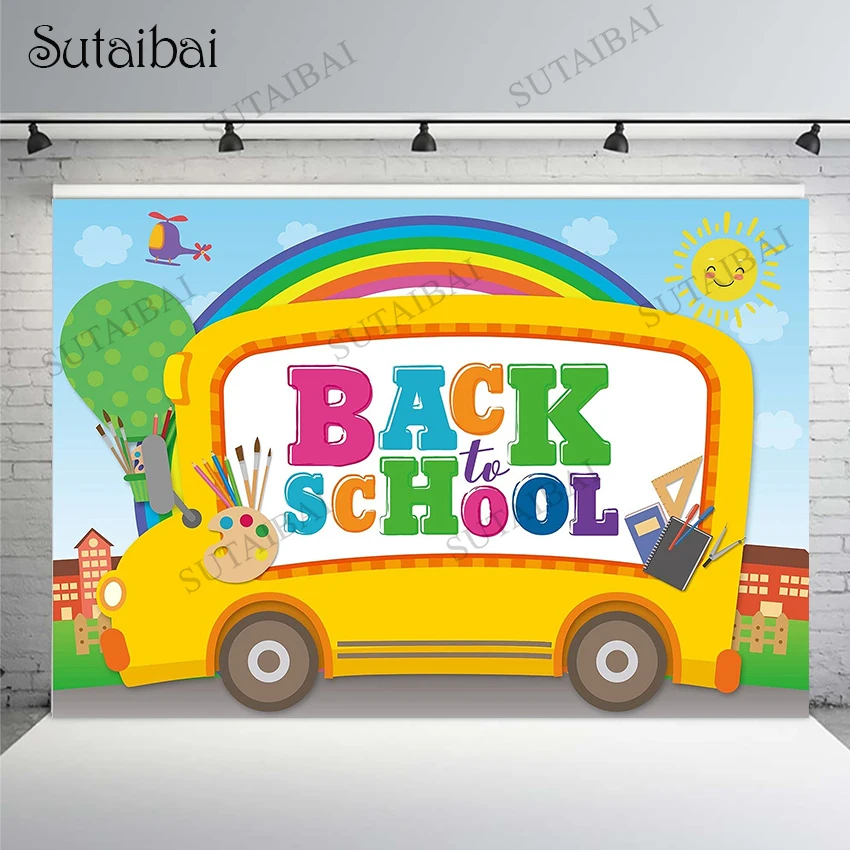 Back To School Backdrop Welcome Student First Day of Kindergarten Preschool Online Teaching Party Bus Rainbow Background | Электроника