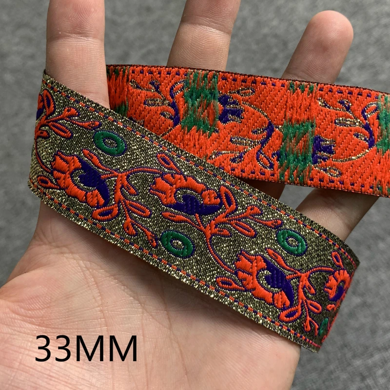 3 Yards 1.25" 30-35MM Gold Silk Vintage Ethnic Flower Lace Ribbon Boho Lace Trim DIY Clothes Bag Accessories Embroidered Custom