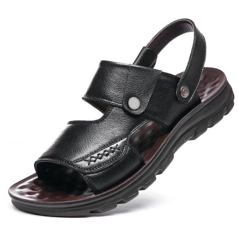 Leather Beach Shoes Men's Sandals Summer New Thick Bottom Non-slip Dad Middle-aged Dual-use Wear Sandals And Slippers - Цвет: 1827-black