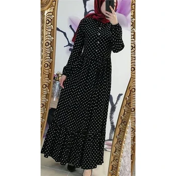 

WEPBEL Arab Dubai Plus Size Long Sleeve Women Muslim Wave Point Dresses Retro Ruffle Fold Big Swing High Waist Islamic Apparel
