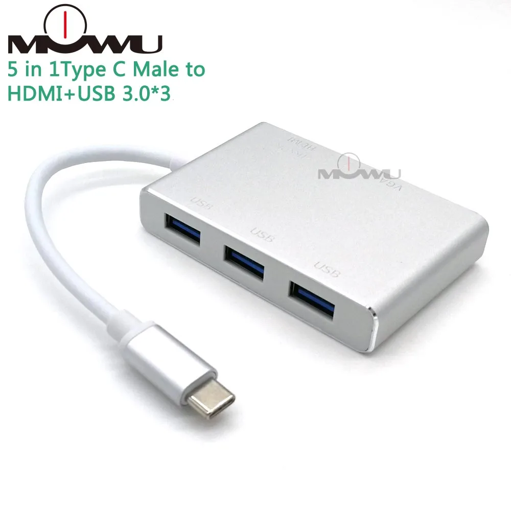 5 в 1 Тип C штекер HDMI+ VGA+ USB 3,0 Женский видео адаптер алюминиевый переходник 4K 1080P конвертер для Macbook