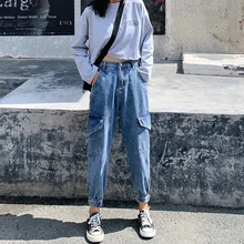 Новые корейские карго Джинсы женские с высокой талией шаровары для женщин размера плюс свободные модные джинсы женские джинсовые джинсы