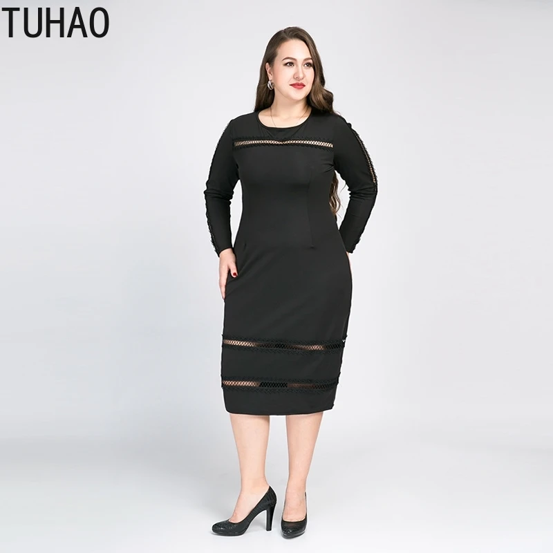 

TUHAO 2020 Spring hollow out black long sleeve dresses plus size 8XL 7XL 6XL office lady sexy female dress mother mom WM25