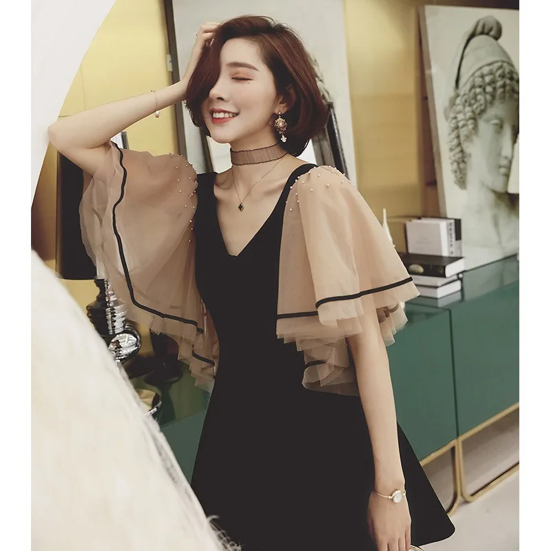 

Women Little Black Dress Fashion Sexy V-neck Backless Mesh Sleeve Empire Slim Above-knee Mini A-line Dress -80