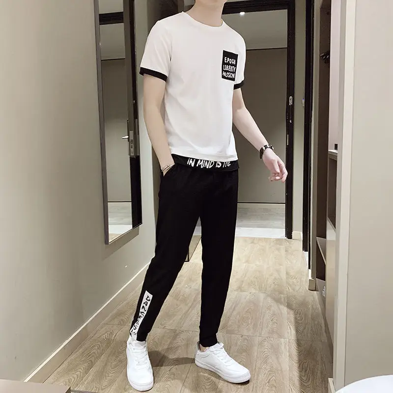 Summer casual suit men's tide brand 2021 new sports summer thin handsome two summer clothes