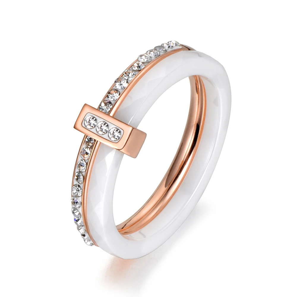 Ceramic Crystal Wedding Rings Jewelry Women Girls Rose Gold Stainless Steel Bohemia Ring AR18054 wedding ring