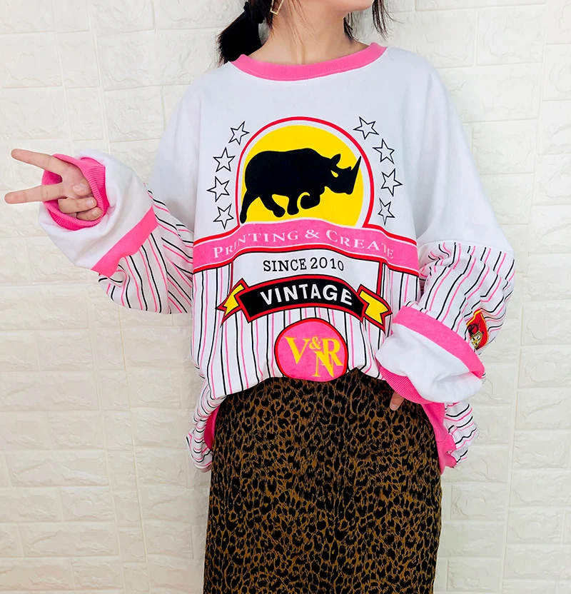 

long shirt Sweater female autumn new casual hit color round neck letter pattern loose wild long-sleeved t-shirt