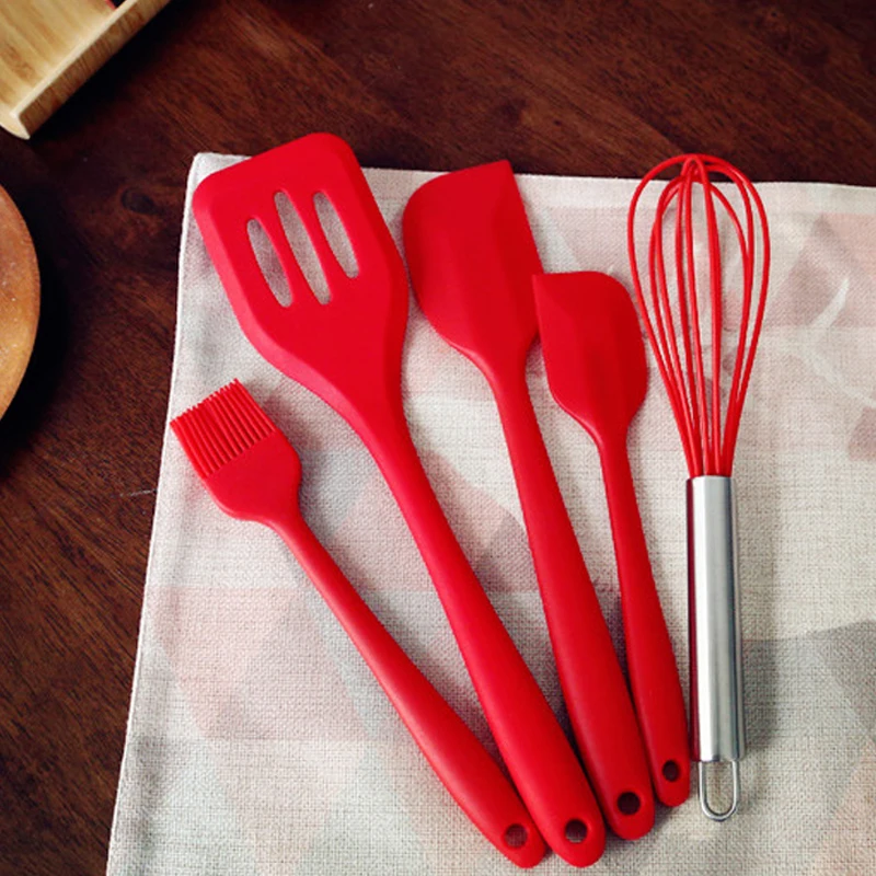 

5Pcs Black Or Red Silicone Cooking Tool Sets Non-stick Egg Beater Spoon Spatula Kitchenware Utensils Dinnerware Sets Accessories