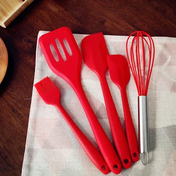

5Pcs Black Or Red Silicone Cooking Tool Sets Non-stick Egg Beater Spoon Spatula Kitchenware Utensils Dinnerware Sets Accessories
