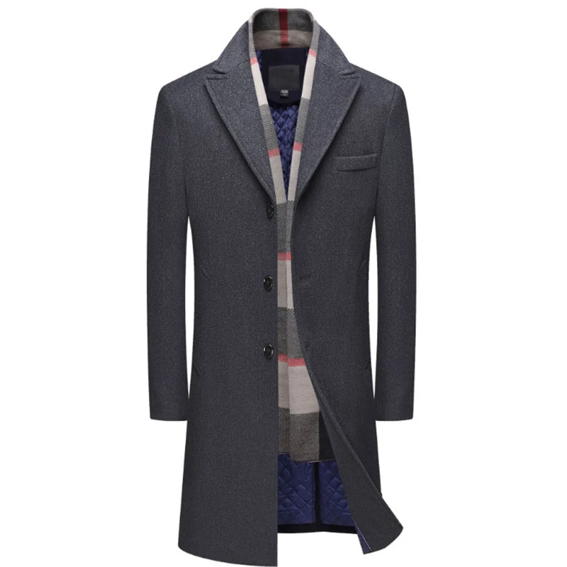 New Mens Wool Coat Single Breasted Long Trench Coat Men Winter Thick Woolen Overcoat Casual Jacket Detachable Scarf New Mens Wool Coat Single Breasted Long Trench Coat Men Winter Thick Woolen Overcoat Casual Jacket Detachable Scarf