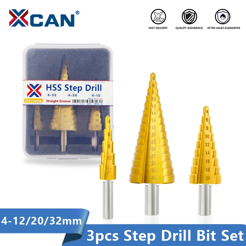 XCAN HSS Step Cone Drill Bit Set 3pcs 4-12/4-20/4-32mm Titanium Coated Wood Metal Drilling Tool Hole Cutter Core Drill Bit 3pcs set step drill 4 32mm wooden straight groove hss cone titanium coating mini drill tool hole knife hexagonal handle