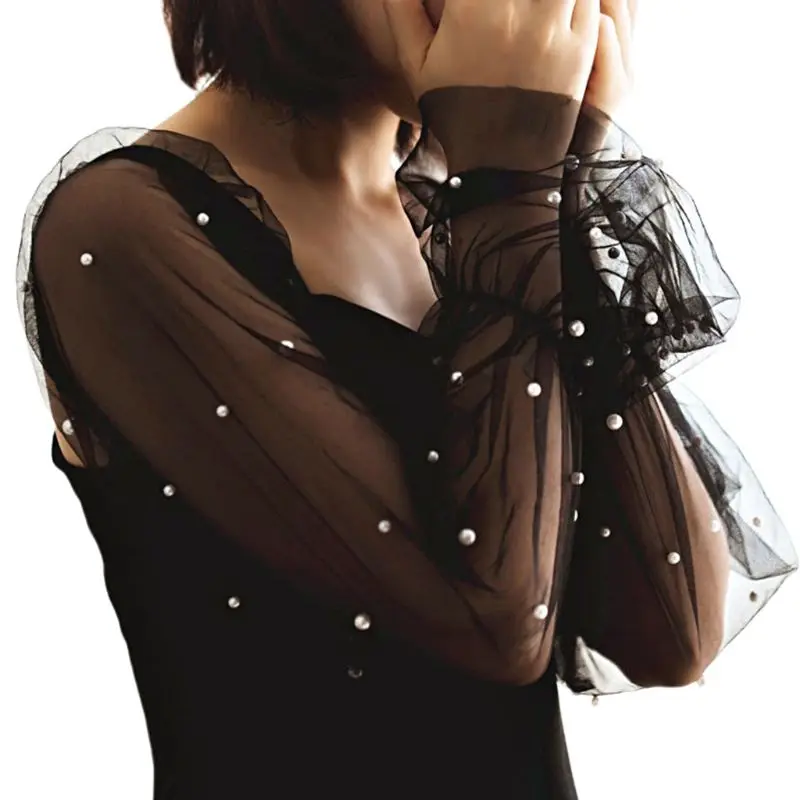 Корейские женские элегантные кружевные съемные эластичные накладные, длинные рукава с буфами, имитация жемчуга, отделанные бисером, декоративные солнцезащитные свободные накладки на руку - Цвет: 1