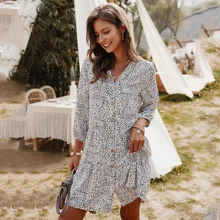 2020 夏の女性のショートドレス 3 分袖 v ネックドットで印刷ボタンスリム causual vestidos feminina(China)