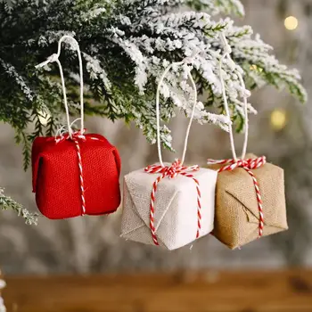 

6Pcs Christmas Tree Hanging Mini Square Linen Packing Gift Box Pendant Decor