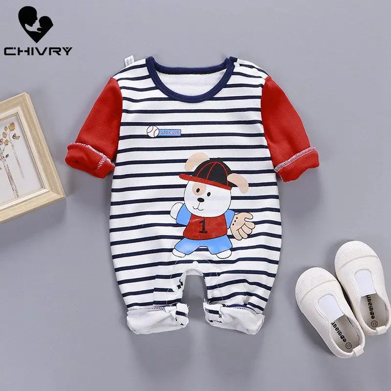 Newborn Baby Boys Girls Rompers Spring Summer Long Sleeve Cute Striped Cartoon Print Jumpsuit Toddler Playsuit Infant Clothing