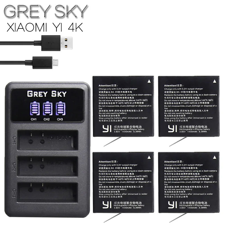 charger and 4battery 1400 мАч аккумулятор для Xiaomi Yi II Xiami yi 4k батареи+ светодиодный USB 3 слота зарядное устройство для Xiaoyi Yi Lite экшн-камеры - Цвет: charger and 4battery