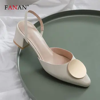 

FANAN Fashion Woman Pumps Slingback Sandals Women Summer Handmade Shoes Genuine Leather Square Heel Pointed Toe High Heels 2020