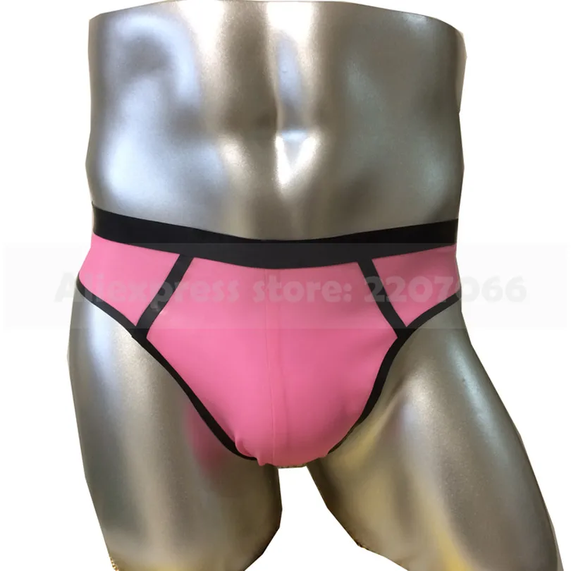 

Sexy Latex Mans Briefs Pink And Black Rubber Thong Lower Waist Underwear Lingerie Handmade RPM050