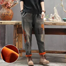 QPFJQD женские зимние вельветовые джинсы с эластичным поясом в стиле пэчворк, повседневные флисовые теплые джинсовые штаны Весна Осень Новые брюки