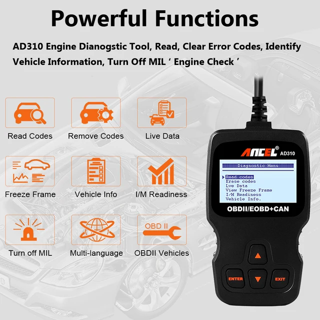 Ancel-escáner automotriz AD310 Obd2, lector de código de motor, diagnóstico multilingüe Obd 2, herramienta de diagnóstico de coche PK CR3001 ELM327 v1.5 Ancel-escáner automotriz AD310 Obd2, lector de código de motor, diagnóstico multilingüe Obd 2, herramienta de diagnóstico de coche PK CR3001 ELM327 v1.5