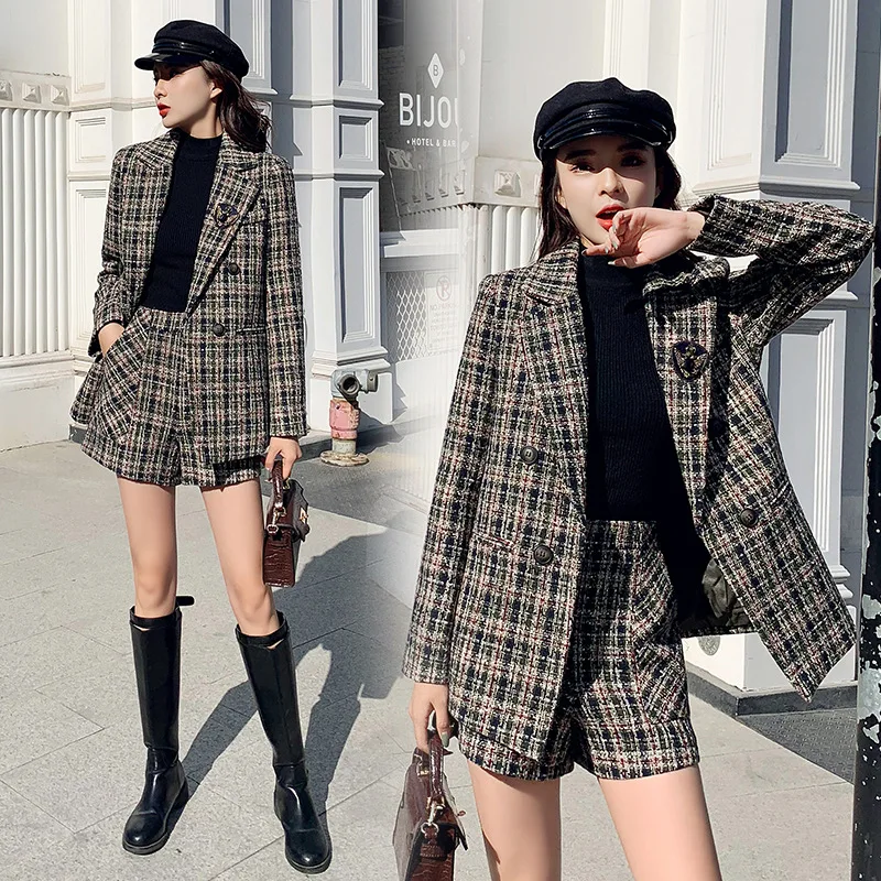 

2019 New Style Fashion Graceful Tweed Suit Jacket + High-waisted Shorts Two-Piece Set
