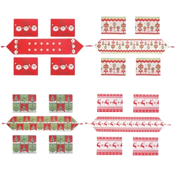

5pcs/set Christmas Decoration Santa Elk Table Runner Flag Dinner Placemats Pads