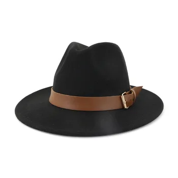 

New Winter Women Fedoras Hat Elegant Brown PU Leather Band Men Felt Jazz Fedoras for Ladies 13colors