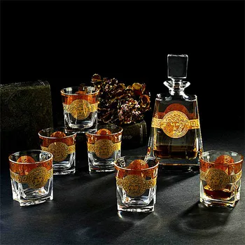 

Whisky Set Crystal Glass Drinking Set Wedding Gifts Bohemia Style 6 Pieces Wine Glasses & 570ml Bottles Gold/Silver Bars Set